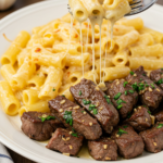 Garlic Butter Steak Tips with Cheesy Rigatoni