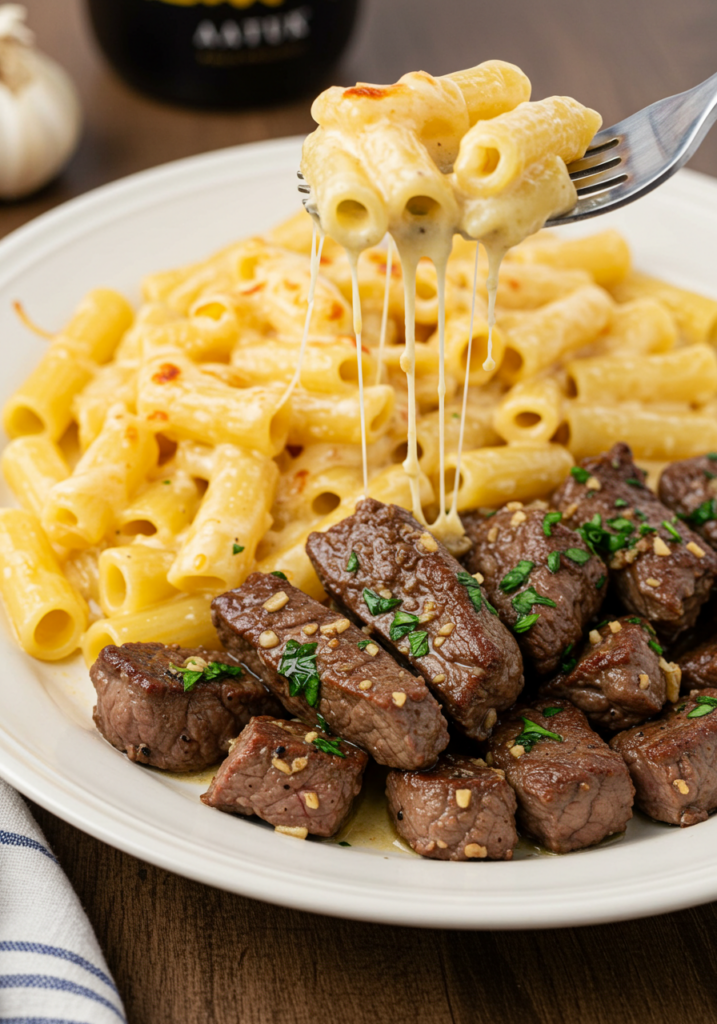 Garlic Butter Steak Tips with Cheesy Rigatoni