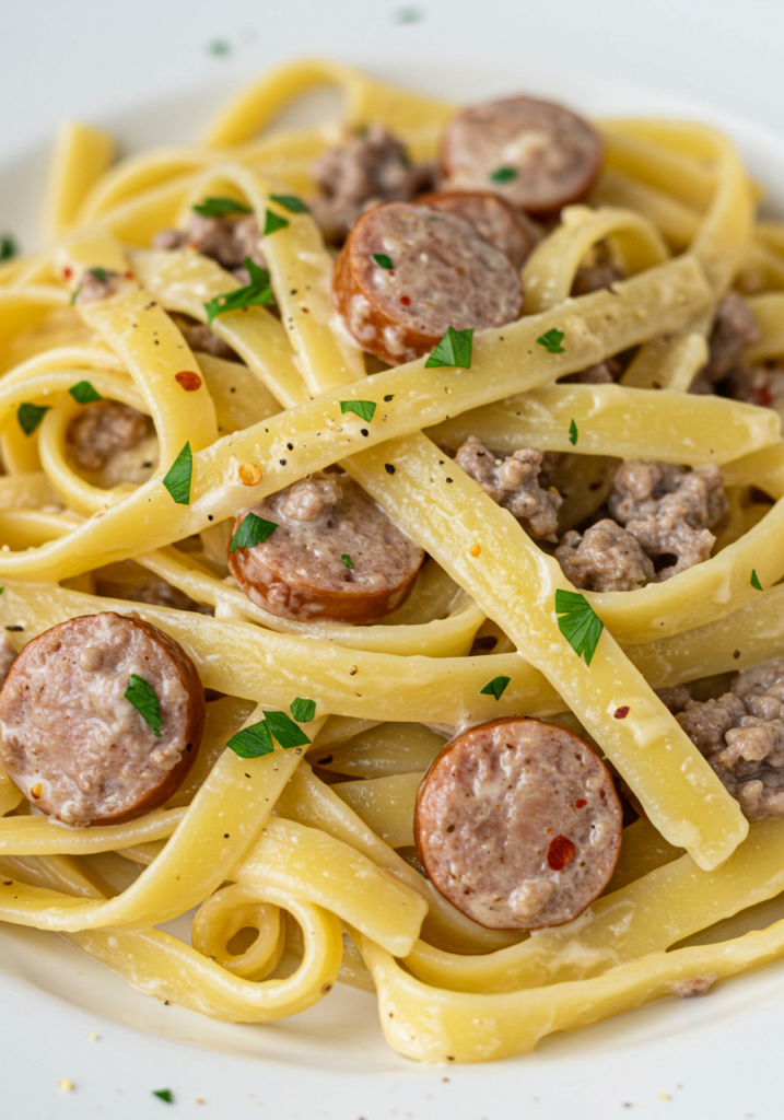 Creamy Garlic Parmesan Fettuccine with Beef Sausages