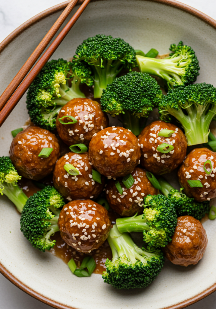 Sticky Mongolian Meatballs and Broccoli