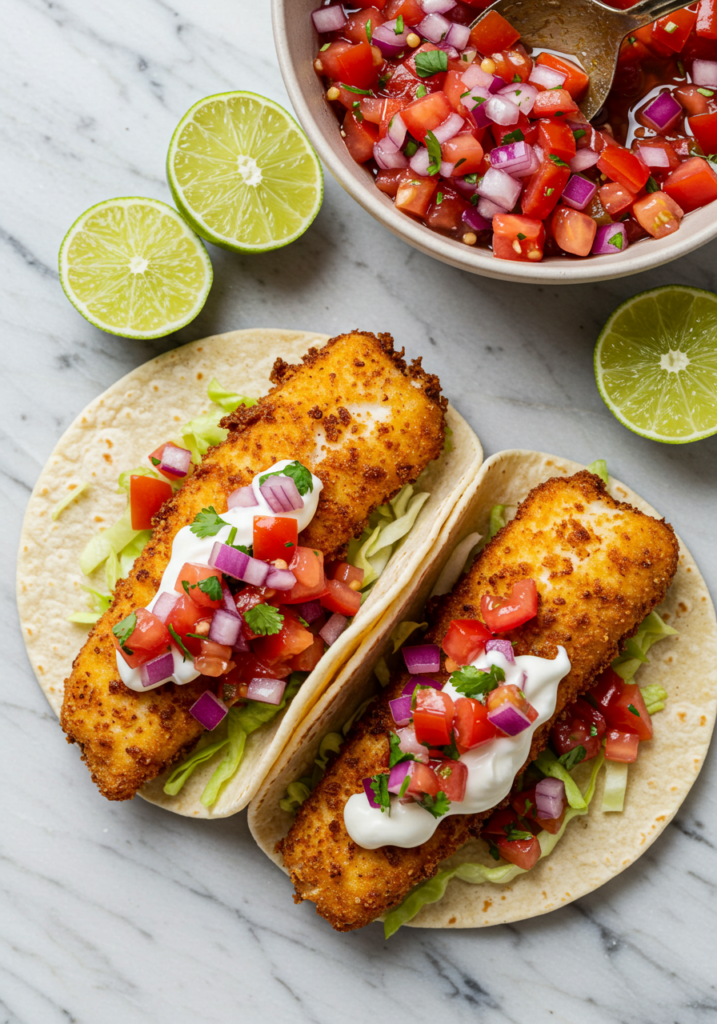 Fried Fish Tacos with Red Onion-Tomato Salsa